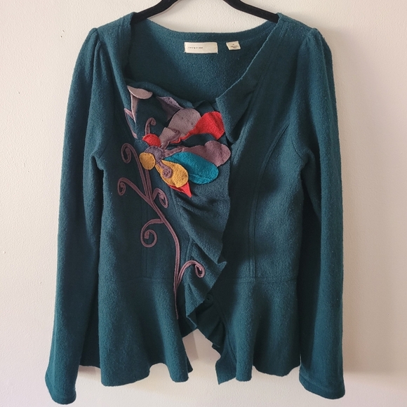Anthropologie Sleeping On Snow Large Floral Wool Cardigan Sweater Jacket Green - Picture 1 of 8
